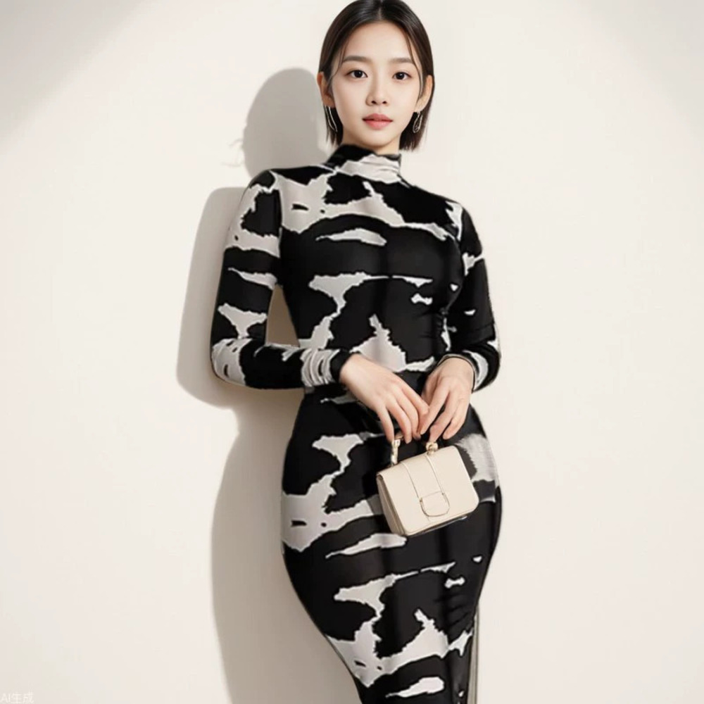 Zara Spring Print High Neck Long Sleeve Slim Fit Dress